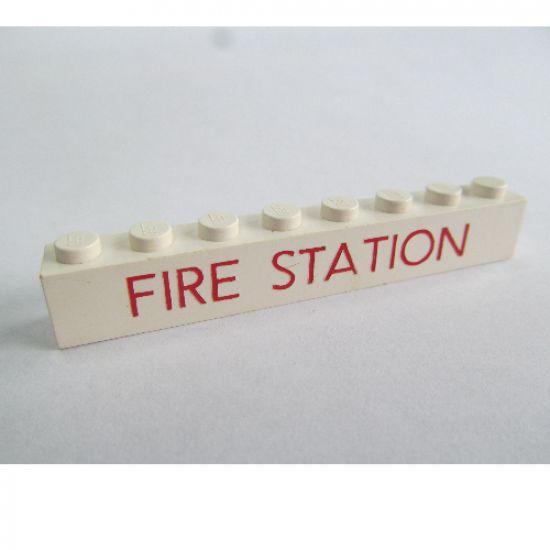 Brick 1 x 8 with Red 'FIRE STATION' Thin Pattern