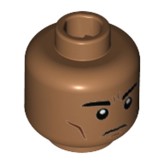 Minifigure, Head Black Eyebrows, Dark Brown Cheek Lines, Firm Expression Pattern - Hollow Stud