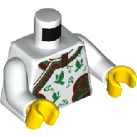 Torso Kimono Robe with Ornate Red and Green Trim, Birds and Flowers Pattern / White Arms / Yellow Hands