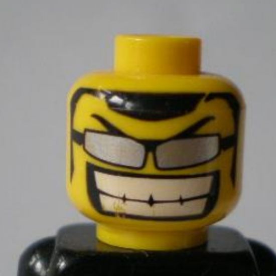 Minifigure, Head Glasses with Thin Silver Sunglasses, Big Grin Pattern - Blocked Open Stud