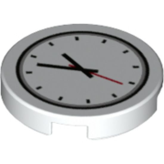 Tile, Round 2 x 2 with Bottom Stud Holder with Clock and Red and Black Hands Pattern