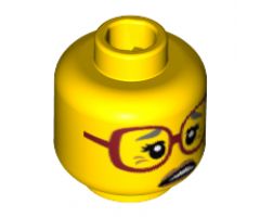 Minifigure, Head Female Glasses Dark Red, Gray Eyebrows, Crow's Feet, Side Open Mouth Pattern - Hollow Stud