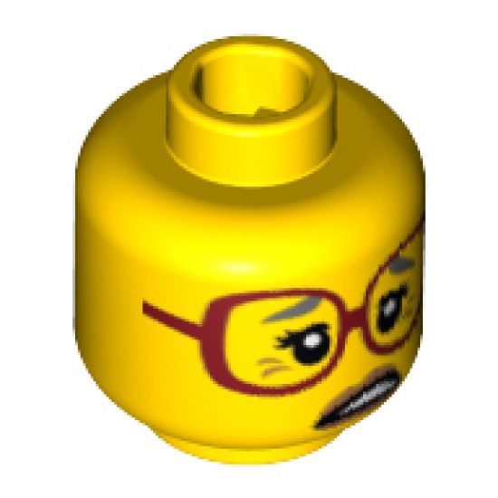 Minifigure, Head Female Glasses Dark Red, Gray Eyebrows, Crow's Feet, Side Open Mouth Pattern - Hollow Stud