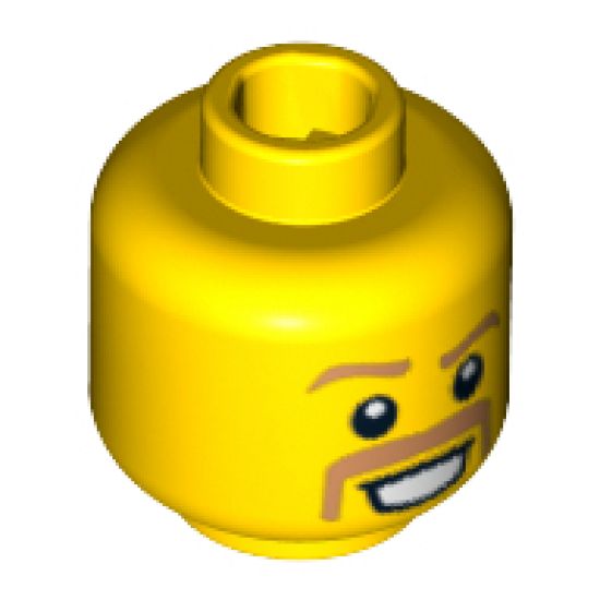 Minifigure, Head Dual Sided Brown Curved Eyebrows and Moustache, Happy / Scared Pattern - Blocked Open Stud