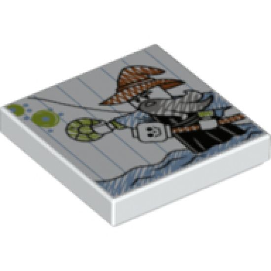 Tile 2 x 2 with Child's Drawing, Man Standing in Water with Jewel and Skull Staff Pattern