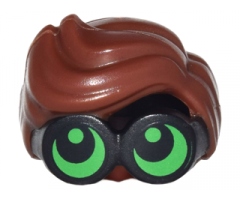 Minifigure, Hair Combo, Large Thick Glasses with Reddish Brown Hair, Parted and Wavy with Bright Green Lenses, Pupils Looking Up Pattern