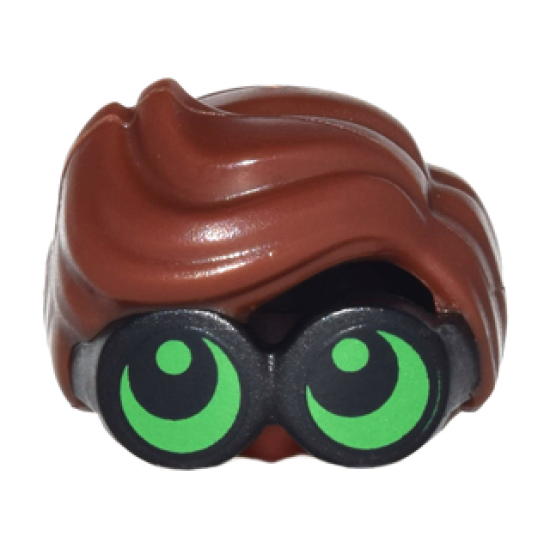 Minifigure, Hair Combo, Large Thick Glasses with Reddish Brown Hair, Parted and Wavy with Bright Green Lenses, Pupils Looking Up Pattern
