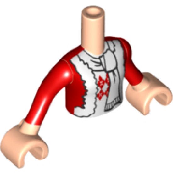 Mini Doll, Torso Friends Girl Red Holiday Jacket with White Trim, Argyle Sweater and White Scarf Pattern, Light Nougat Arms with Hands with Red Sleeves