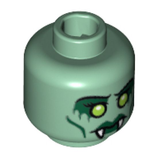 Minifigure, Head Dual Sided Alien with Yellow Eyes, Fangs, Green Lips, Cheek Lines / Open Mouth with Red Eyes Pattern - Blocked Open Stud