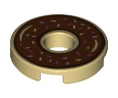 Tile, Round 2 x 2 with Hole with Dark Brown (Chocolate) Frosting and Sprinkles Pattern