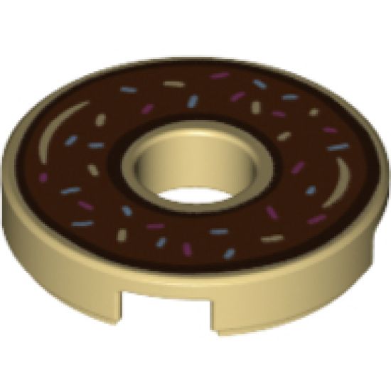 Tile, Round 2 x 2 with Hole with Dark Brown (Chocolate) Frosting and Sprinkles Pattern