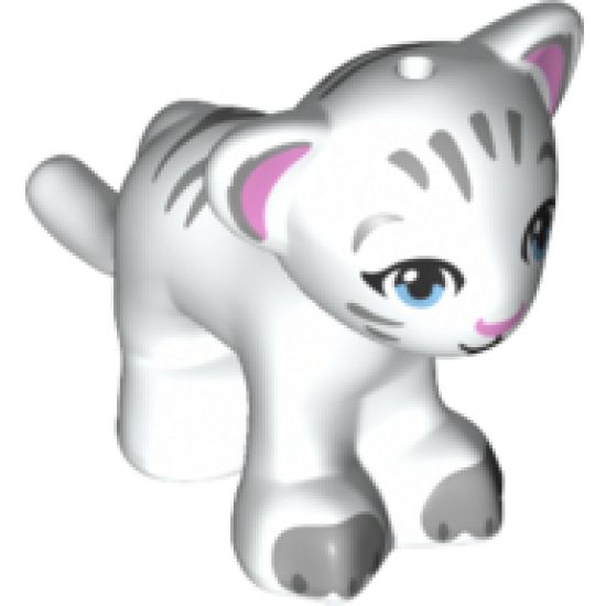 Lion / Tiger, Friends / Elves, Baby Cub with Bright Light Blue Eyes, Bright Pink Nose, Light Bluish Gray Paws and Stripes Pattern