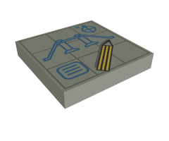 Tile 2 x 2 with Blue Blueprints, Letter N, and Compass Needle, Yellow Pencil on Dark Gray Grid Pattern