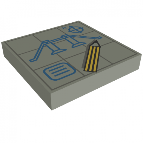Tile 2 x 2 with Blue Blueprints, Letter N, and Compass Needle, Yellow Pencil on Dark Gray Grid Pattern