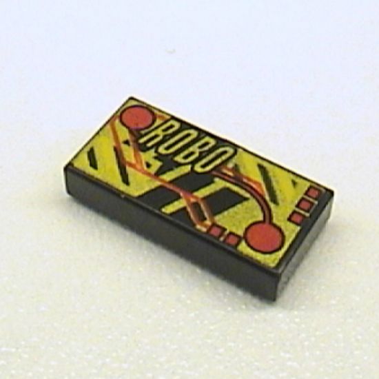Tile 1 x 2 with RoboForce Gold 'ROBO' and Red Circuitry Pattern