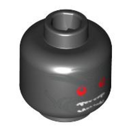Minifigure, Head Red Round Eyes, White Teeth and Silver Wrinkles Pattern - Blocked Open Stud