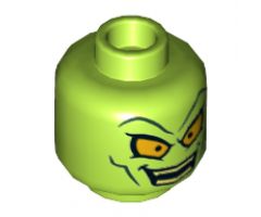 Minifigure, Head Dual Sided Alien Dark Green Eyebrows and Cheek Lines, Large Yellow Eyes, Smile / Confused Pattern - Hollow Stud