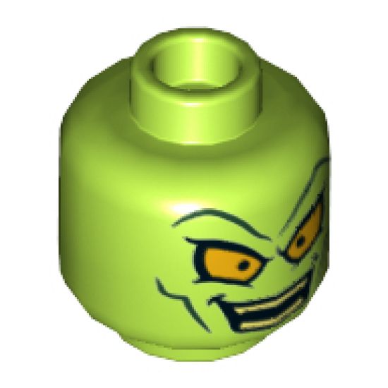 Minifigure, Head Dual Sided Alien Dark Green Eyebrows and Cheek Lines, Large Yellow Eyes, Smile / Confused Pattern - Hollow Stud