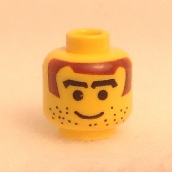 Minifigure, Head Male Brown Hair, Thick Arched Eyebrows and Stubble Pattern - Blocked Open Stud