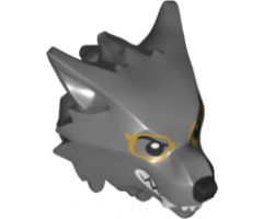Minifigure, Head, Modified Wolf with Smooth Hair, Black Nose and Brows, White Teeth and Fangs and Gold Framed Glasses Pattern