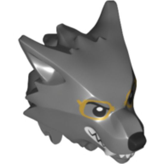 Minifigure, Head, Modified Wolf with Smooth Hair, Black Nose and Brows, White Teeth and Fangs and Gold Framed Glasses Pattern