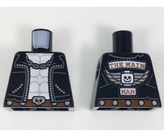 Torso Biker Vest, White Chest with Muscles Outline, Silver Chain, Belt with Skull Buckle, 'THE MAIN MAN' on Back Pattern