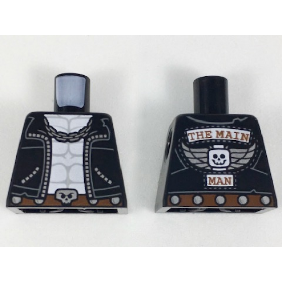 Torso Biker Vest, White Chest with Muscles Outline, Silver Chain, Belt with Skull Buckle, 'THE MAIN MAN' on Back Pattern