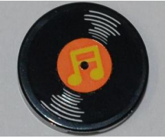 Tile, Round 2 x 2 with Vinyl Record with Orange Center and Yellow Musical Notes Pattern (Sticker) - Set 3818