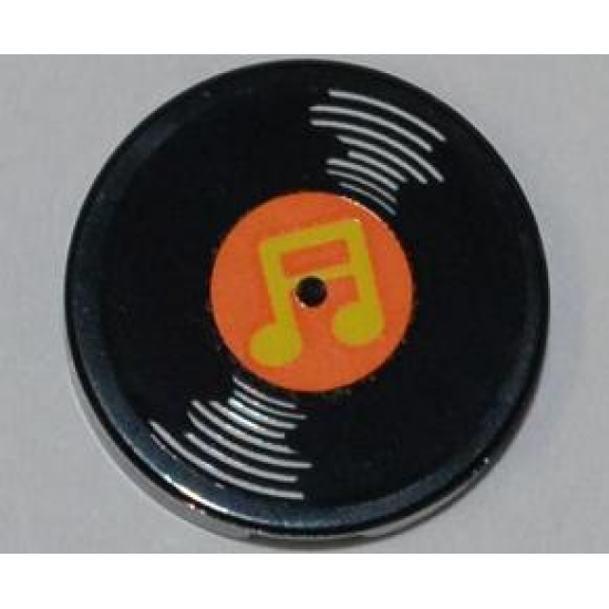 Tile, Round 2 x 2 with Vinyl Record with Orange Center and Yellow Musical Notes Pattern (Sticker) - Set 3818