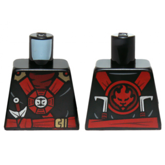 Torso Ninjago Red and Gold Straps and Belt, Round Emblem, Weapons and Dark Red Undershirt Pattern
