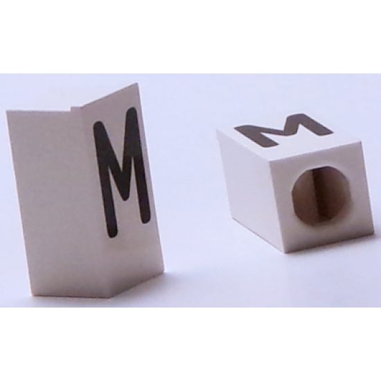 Tile, Modified 1 x 2 x 5/6 with Stud Hole in End and Black 'M' Upper Case Pattern