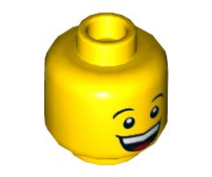 Minifigure, Head Dual Sided Huge Grin, White Pupils, Eyebrows / Sad with Tear, Concave Eyebrows Pattern - Hollow Stud