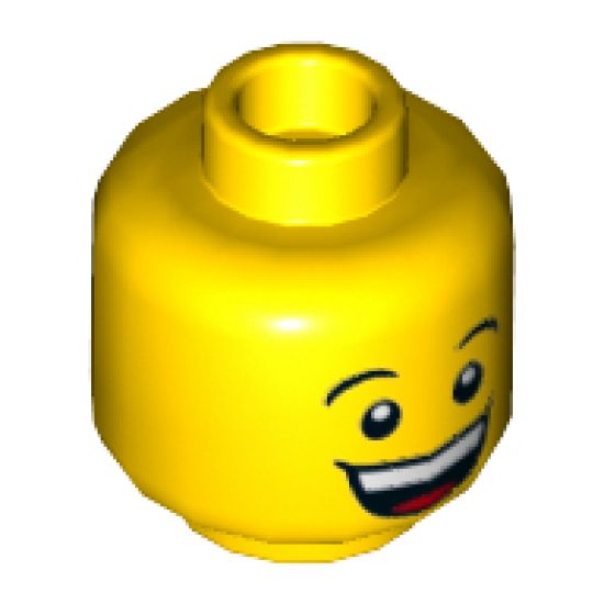 Minifigure, Head Dual Sided Huge Grin, White Pupils, Eyebrows / Sad with Tear, Concave Eyebrows Pattern - Hollow Stud