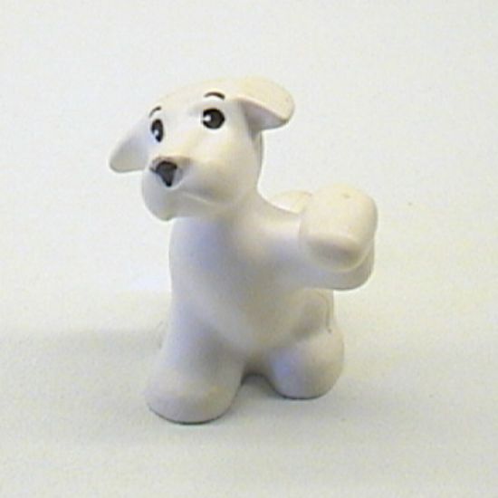 Dog, Belville, Sitting with Raised Paw with Black Eyes, Eyebrows and Nose Pattern