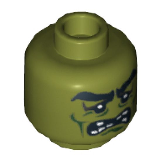 Minifigure, Head Alien with Monster with Thick Eyebrows, Green Facial Lines, Open Mouth Missing Teeth Pattern - Blocked Open Stud
