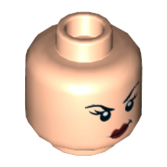 Minifigure, Head Dual Sided Female, Black Eyebrows, Dark Pink Lips, Smirk with Raised Left Eyebrow / Fierce Scowl Pattern - Hollow Stud