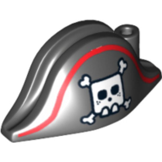 Minifigure, Headgear Hat, Pirate Bicorne with Large Square Skull and Crossbones and Red Line Pattern