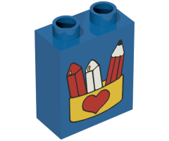 Duplo, Brick 1 x 2 x 2 with Pencil and Chalk in Box with Red Heart Pattern