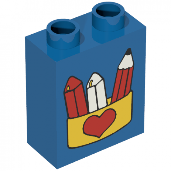 Duplo, Brick 1 x 2 x 2 with Pencil and Chalk in Box with Red Heart Pattern