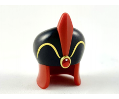 Minifigure, Headgear Large Hat, Black Dome, Dark Red Feather, Red Jewel, Gold Trim Pattern