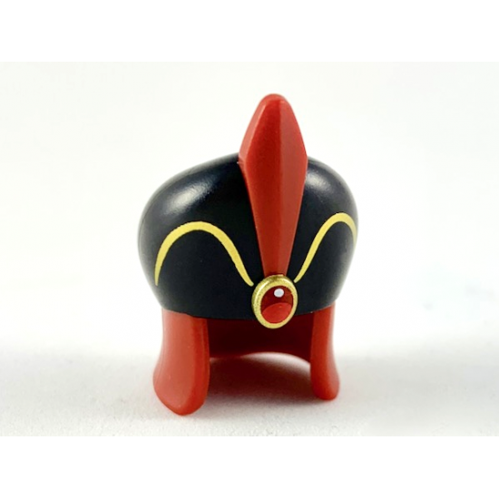 Minifigure, Headgear Large Hat, Black Dome, Dark Red Feather, Red Jewel, Gold Trim Pattern
