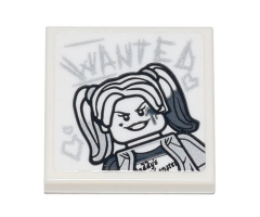 Tile 2 x 2 with Harley Quinn and 'WANTED' and Hearts in Scratchy Writing Pattern (Sticker) - Set 70840