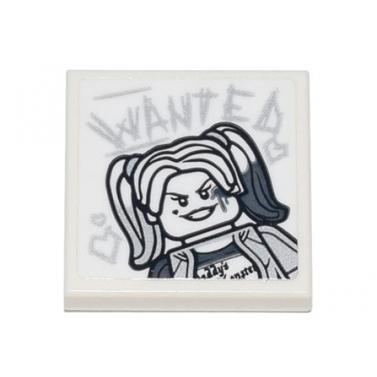 Tile 2 x 2 with Harley Quinn and 'WANTED' and Hearts in Scratchy Writing Pattern (Sticker) - Set 70840
