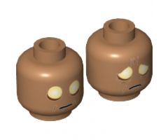 Minifigure, Head Dual Sided Large White Eyes, Eyes Wide Open / Eyes with Bags and Furrowed Brow Pattern - Hollow Stud