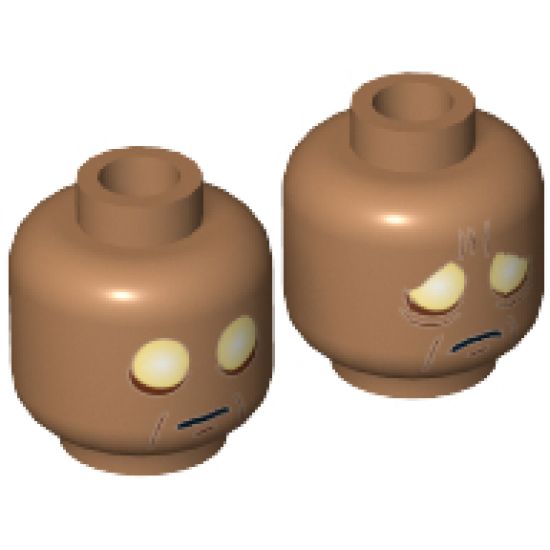 Minifigure, Head Dual Sided Large White Eyes, Eyes Wide Open / Eyes with Bags and Furrowed Brow Pattern - Hollow Stud