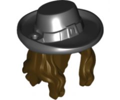 Minifigure, Hair Combo, Hair with Hat, Long Wavy with Black Hat with Buckle Pattern