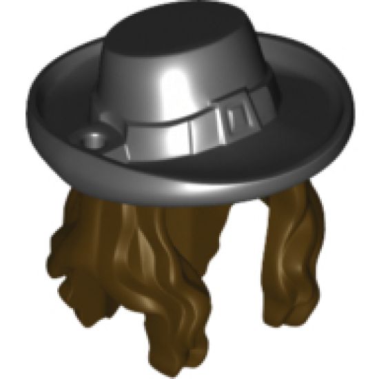 Minifigure, Hair Combo, Hair with Hat, Long Wavy with Black Hat with Buckle Pattern