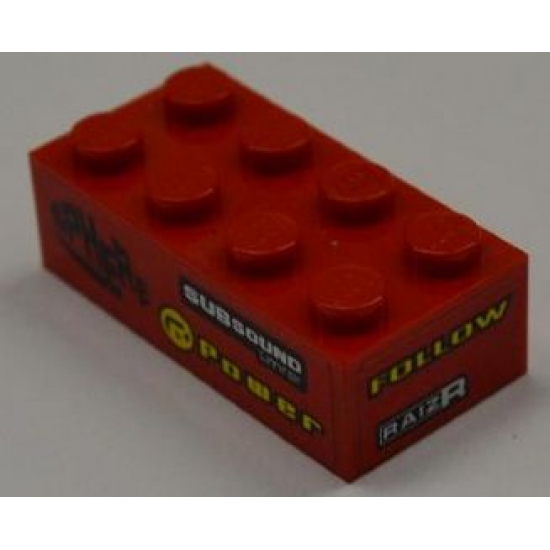 Brick 2 x 4 with 'SPHERE', 'SUBSOUND LIMITER' and 'POWER' on Left Side and 'FOLLOW' and 'RAIZR' on End Pattern (Stickers) - Set 8186
