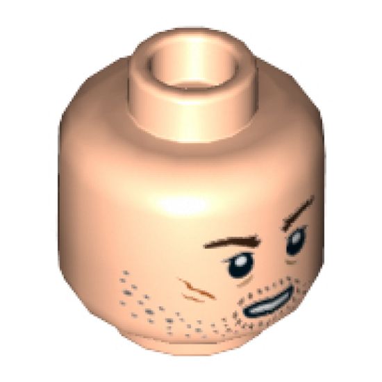 Minifigure, Head Male Brown Stubble, Dark Brown Eyebrows, Oval Mouth and Scar Pattern (SW DJ) - Hollow Stud