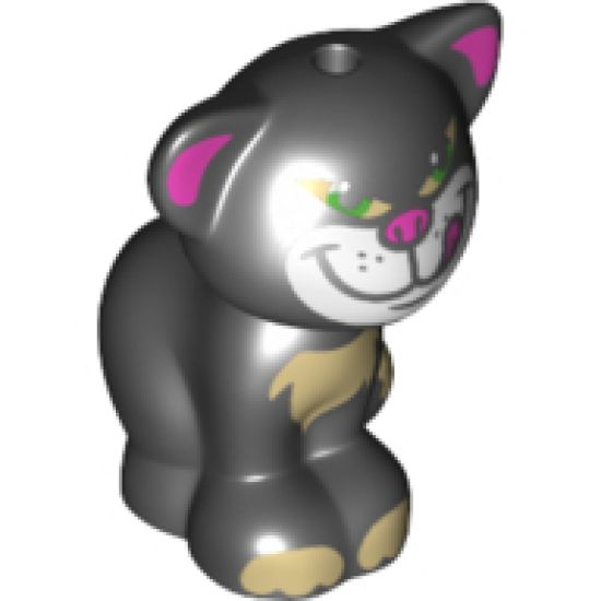 Cat, Friends / Elves, Sitting with Dark Pink Ears, Nose and Tongue, White Face, Green Eyes, and Bright Light Yellow Patches Pattern (Lucifer)